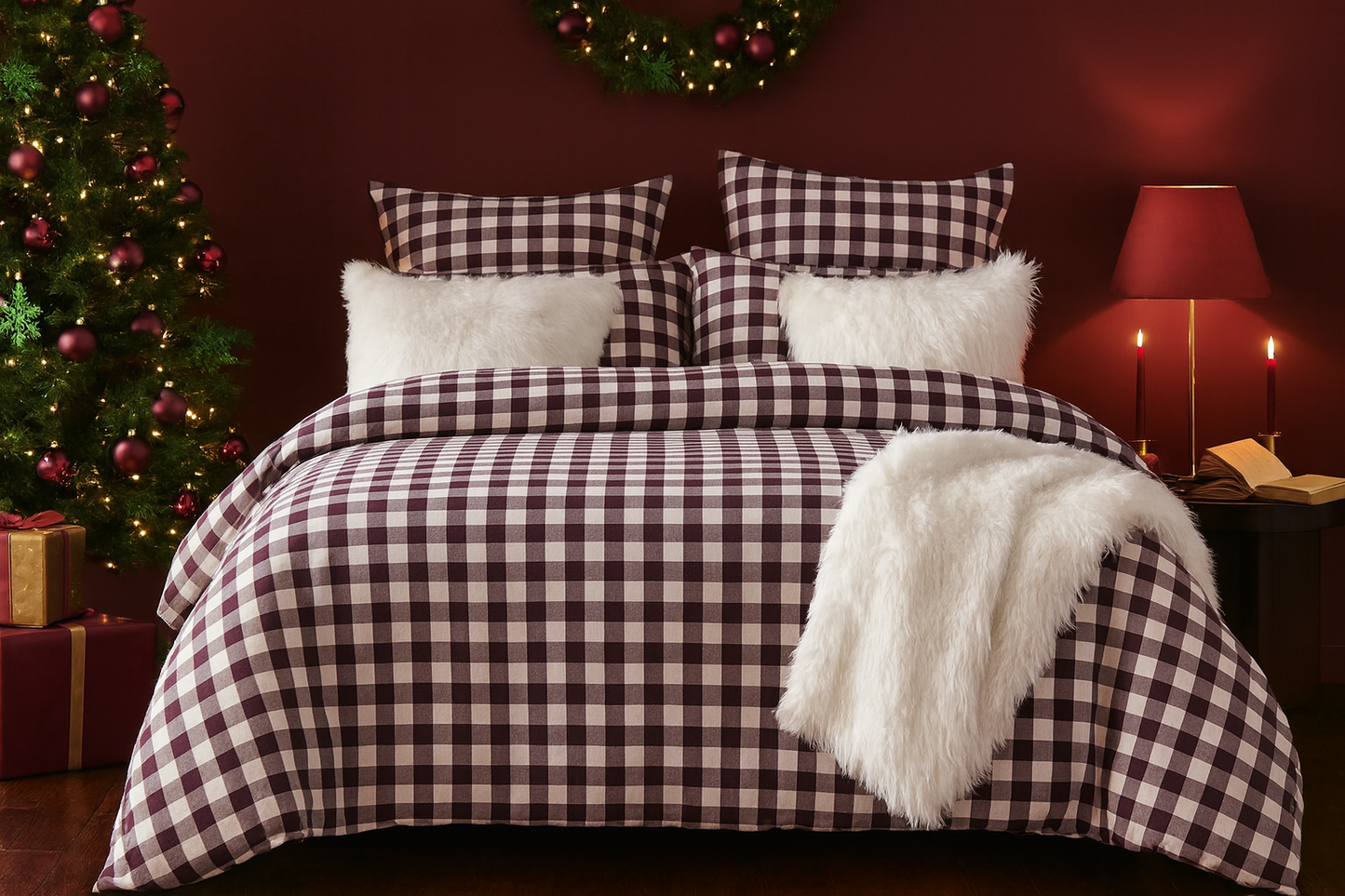 Christmas Quilt Cover Sets Sheets with fluffy white faux fur cushions and fluffy throw blankets