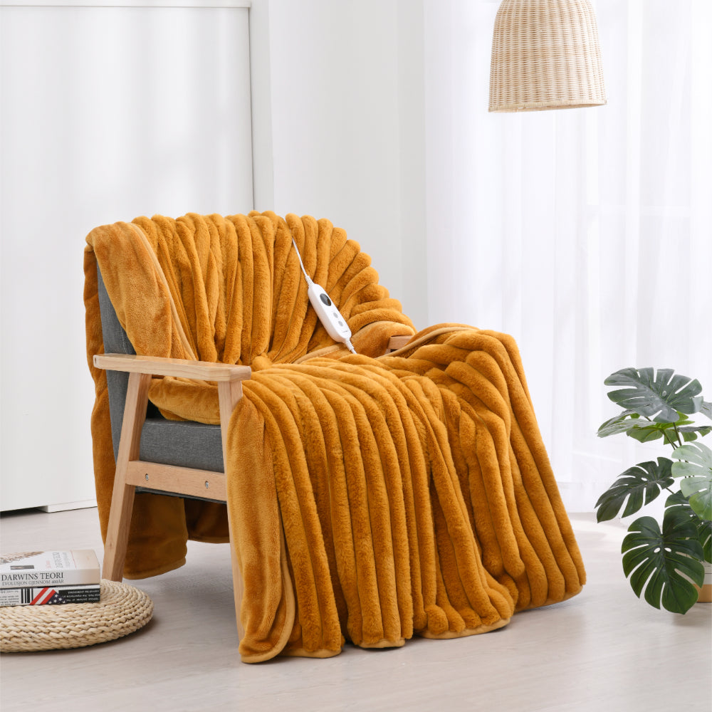 Chunky Embossed Fleece Heated Throw Mustard Gold