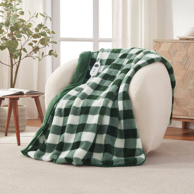 Gingham Plush Heated Throw Green