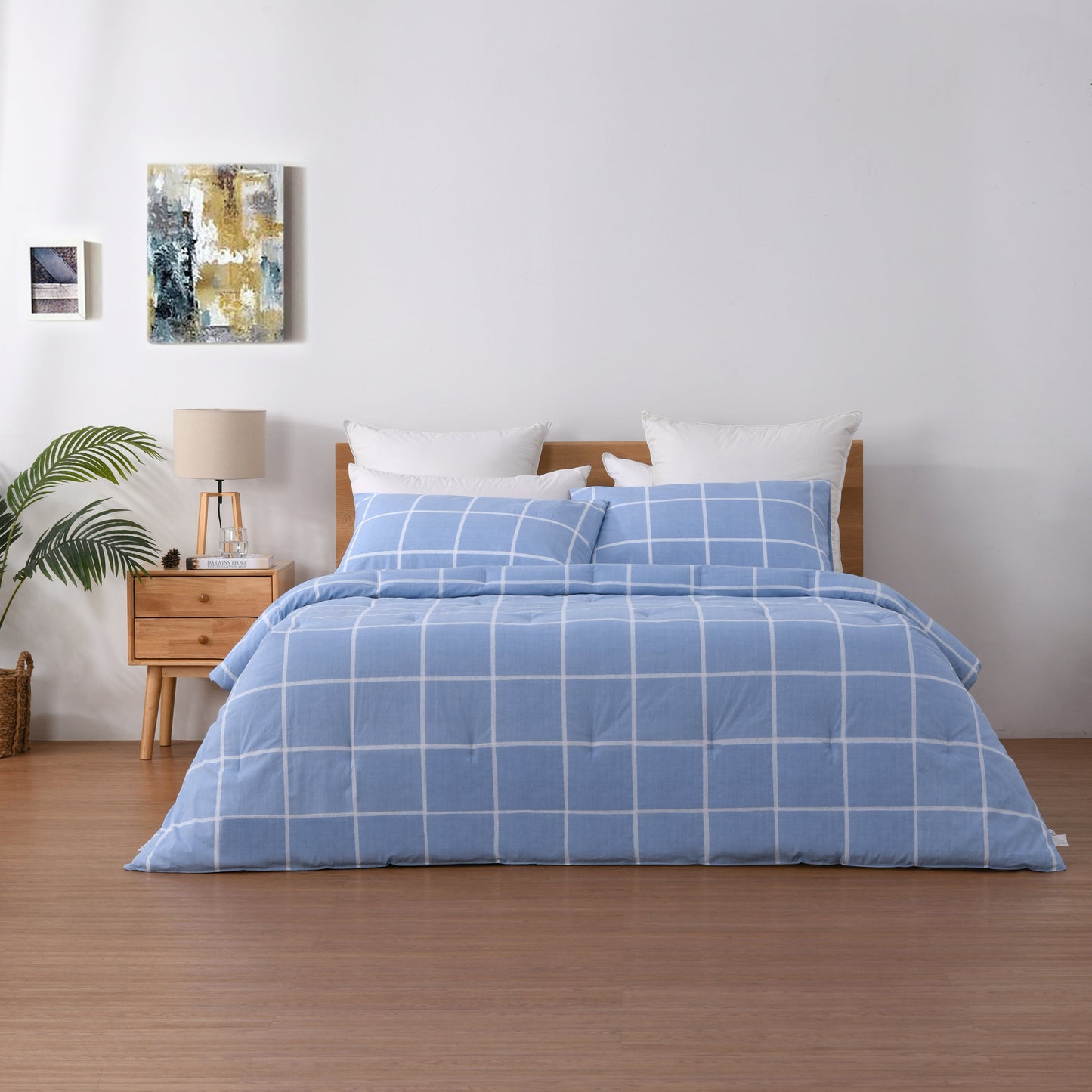 225TC Cotton Washed Comforter Set Checkered-Blue