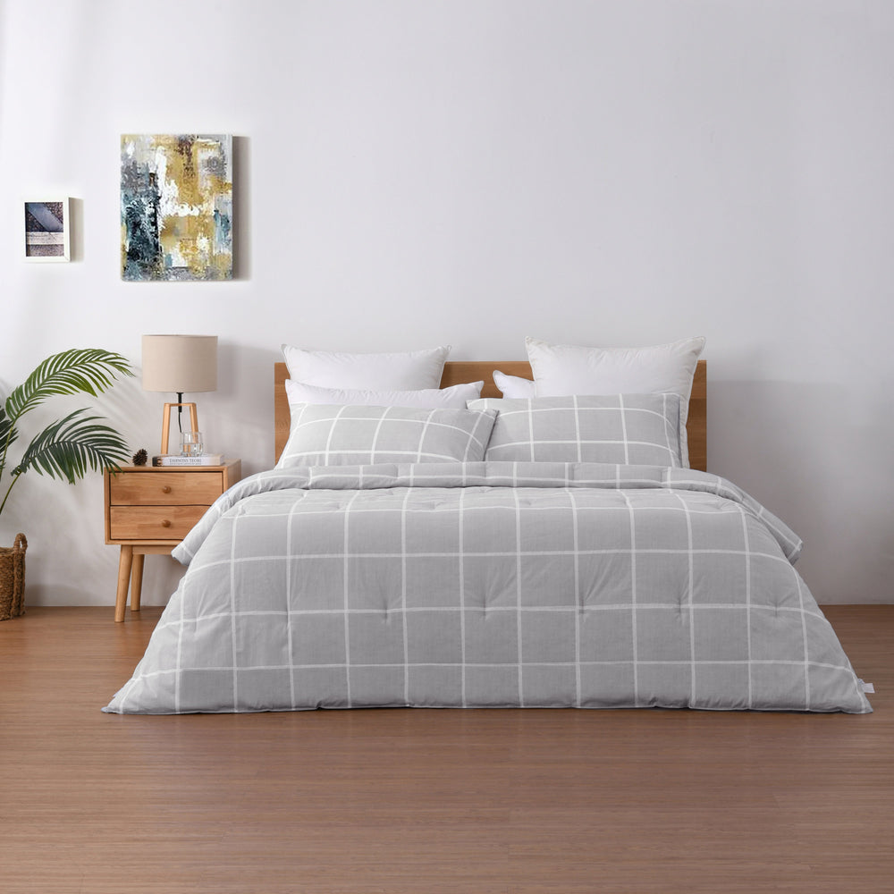 225TC Cotton Washed Comforter Set Checkered-Grey