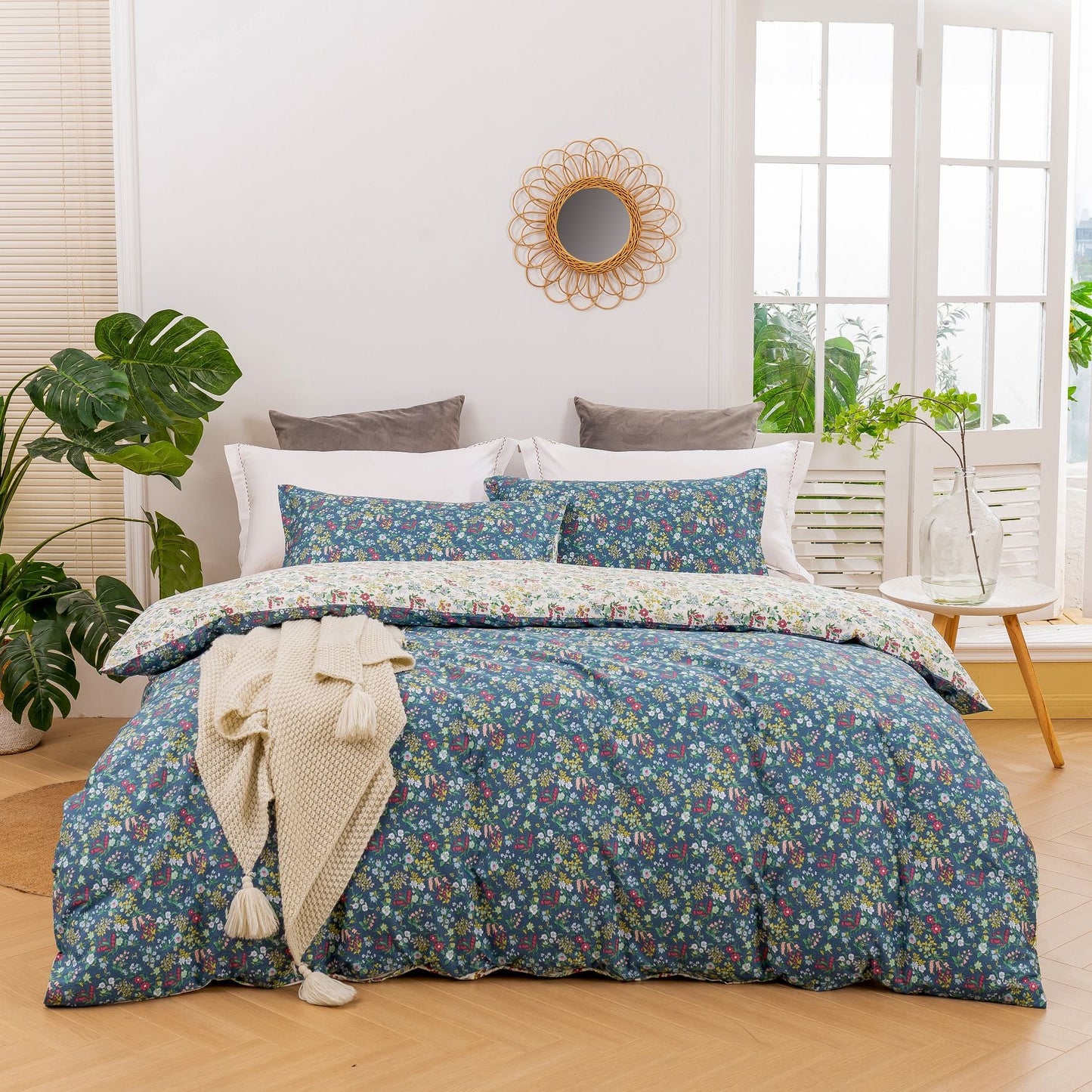 Olivia Floral 100% Cotton Reversible Quilt Cover Set Blue