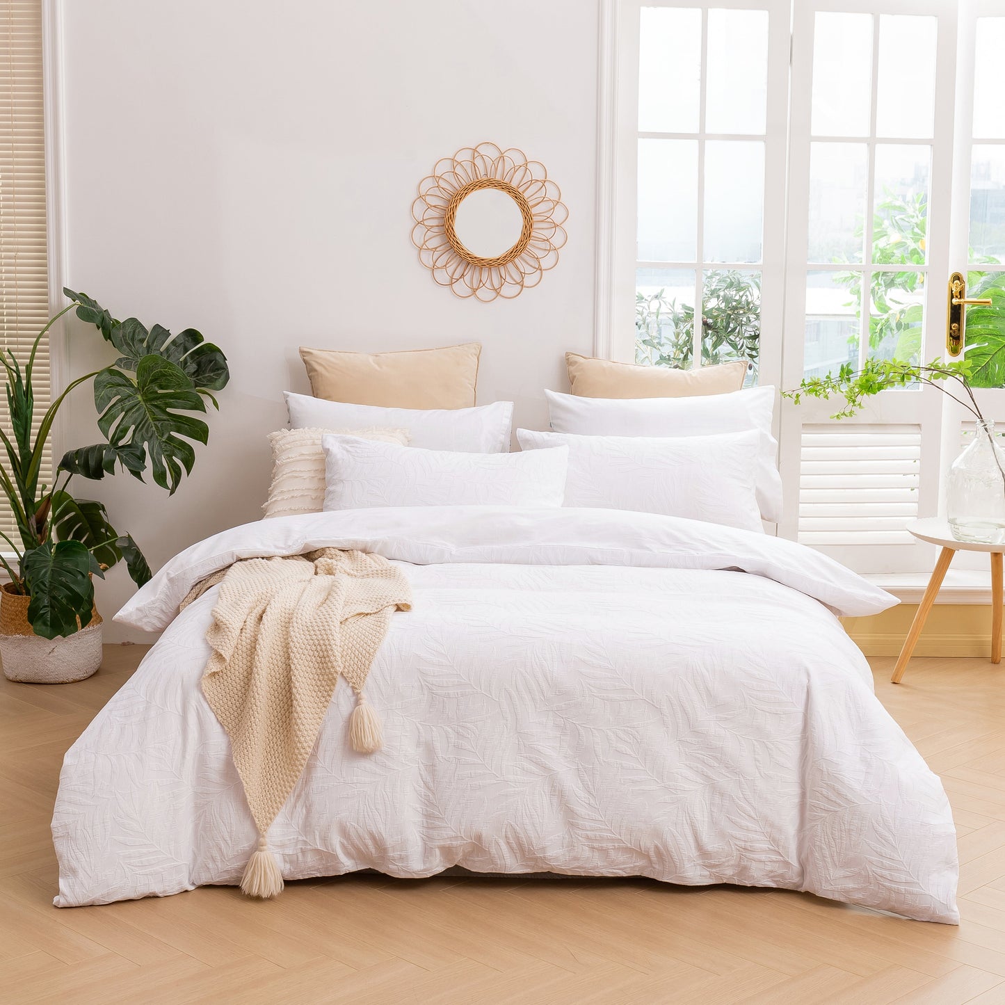 Leafy Jacquard 100% Cotton Quilt Cover Set White