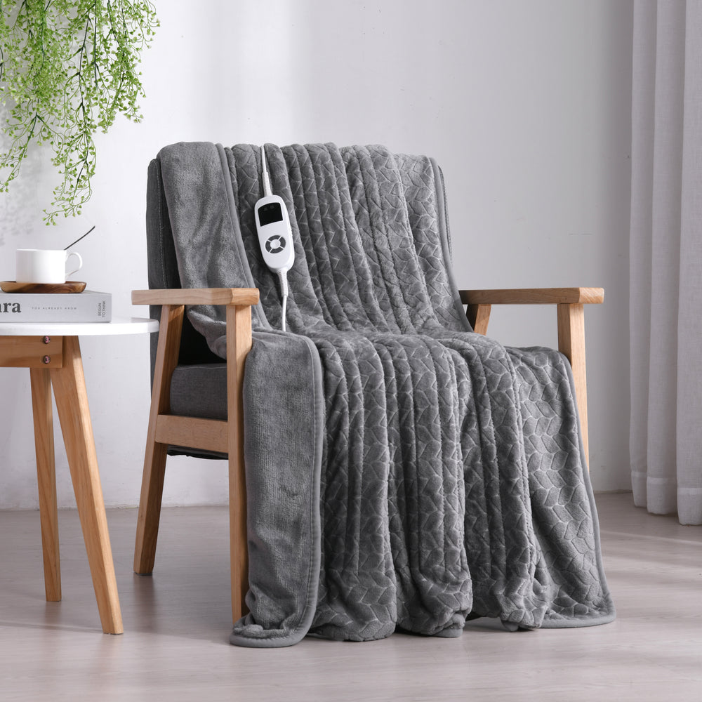 Embossed Coral Fleece Heated Throw Grey Leaf 120x160cm